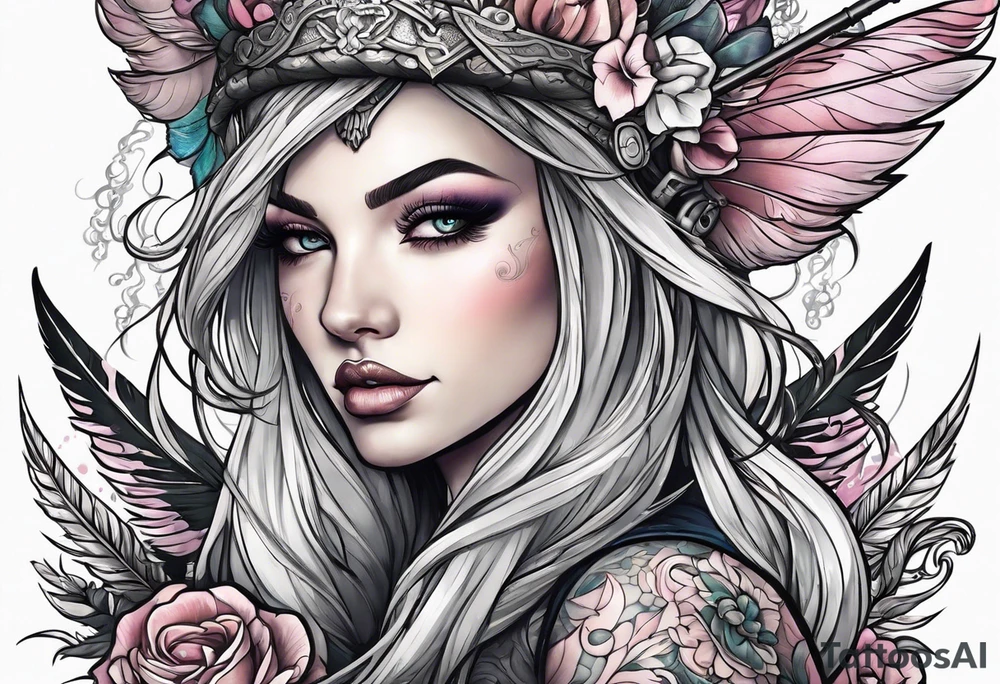 A feminine mythical creature animal holding a weapon tattoo idea