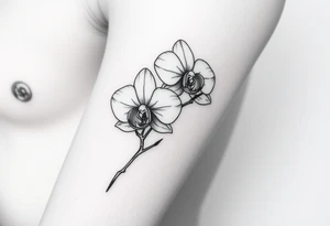 A delicate, black and white fine-line tattoo for make, featuring a gracefully detailed orchid stem with two flowers in full bloom, with soft, intricate petals and elegant curves tattoo idea