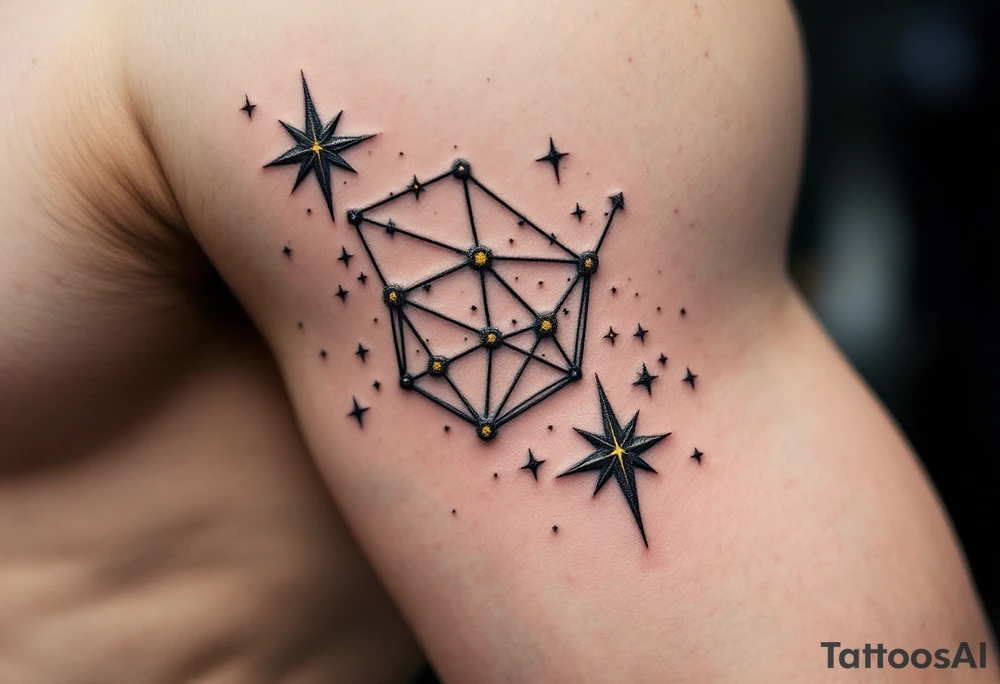An abstract Capricorn star constellation tattoo featuring bold black lines and radiant yellow stars scattered in the pattern tattoo idea