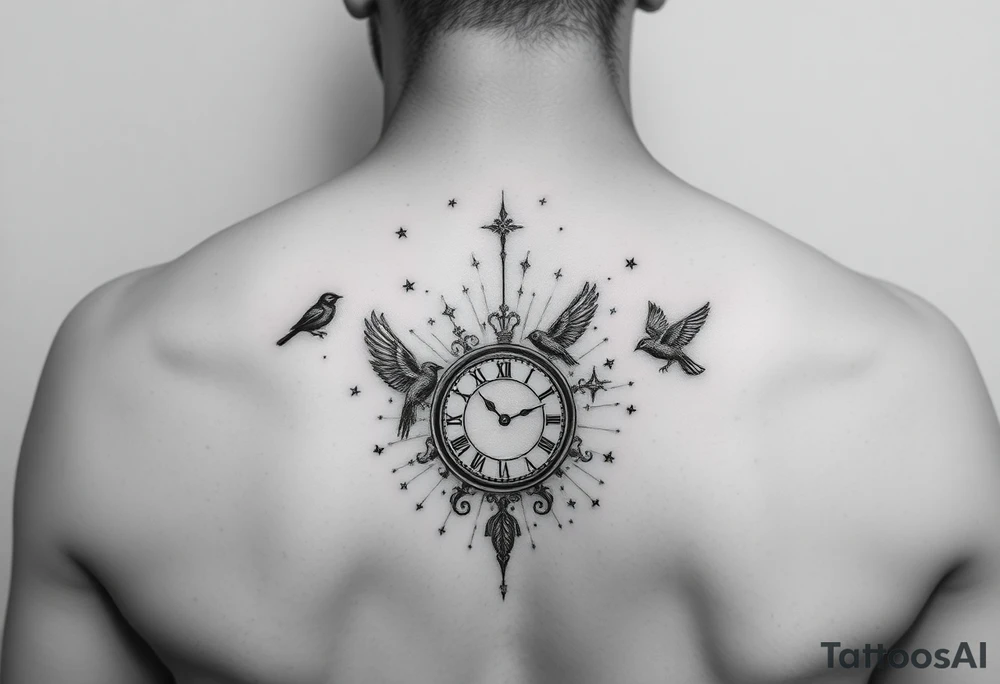 One color and rest black and white incorporating 

 and tiny little black birds and a clock tattoo idea