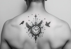 One color and rest black and white incorporating 

 and tiny little black birds and a clock tattoo idea