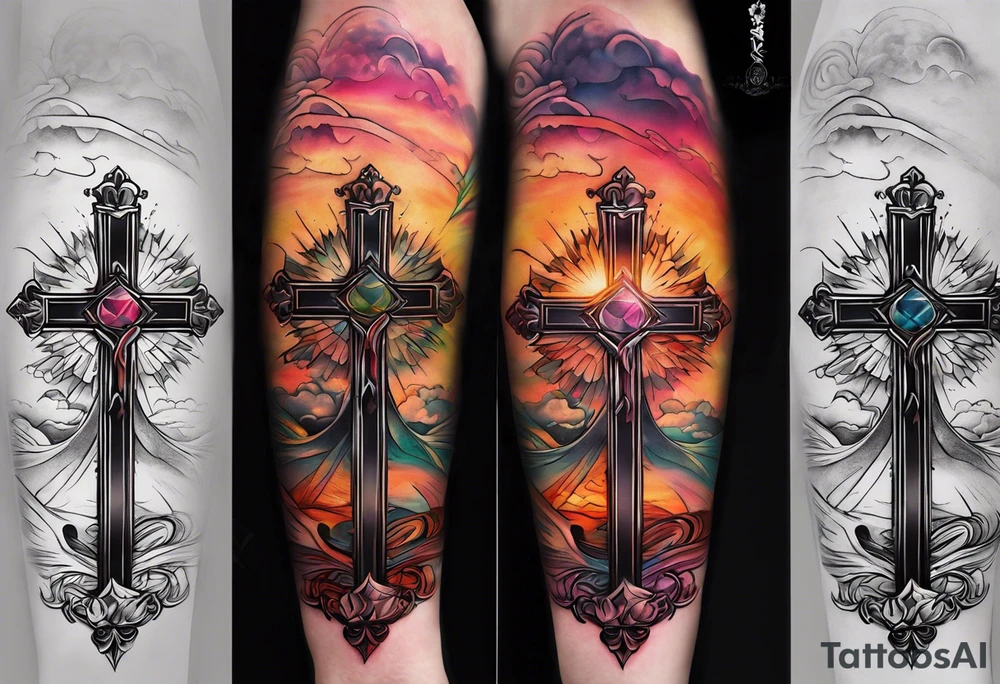 A cross with a ribbon around it with the text stay true to who you are with the colors of a sunset fading out from behind it tattoo idea