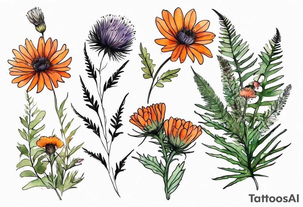 mixed wildflower bouquet with ferns, burnt orange flower, thistle and with watercolor to go along foot tattoo idea