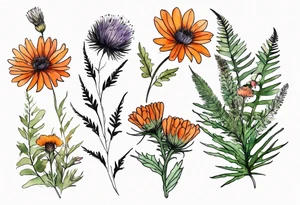 mixed wildflower bouquet with ferns, burnt orange flower, thistle and with watercolor to go along foot tattoo idea