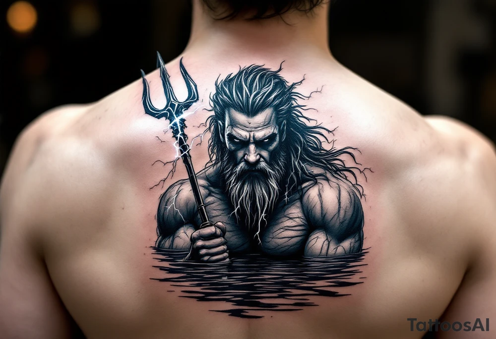 fit poseidon, behind a trident, with lightning, in calm water tattoo idea