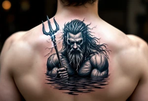 fit poseidon, behind a trident, with lightning, in calm water tattoo idea