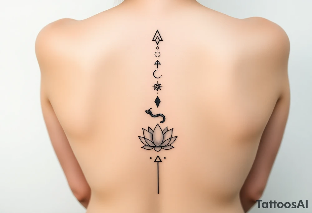 Ultra-high-definition, 
 
Tattoo Description (Very Important)

A fine-line black ink vertical spine tattoo, perfectly centered and symmetrical, running from upper back to lower back:

At the top (just below the neck):
A small upward-pointing arrowhead, minimal and sharp.

Below it:
A crescent moon, thin and elegant, facing upward.

Beneath the moon:
A small star / celestial cross with delicate points.

Below that:
A coiled viper, minimalistic and clean, facing upward, compact coils (tattoo-friendly, not aggressive).

Below the snake:
Another small celestial star marker, aligned vertically.

Center of the back:
A detailed lotus flower, symmetrical petals, fine-line botanical style, calm and balanced.

Below the lotus:
Small ornamental dots and geometric accents, maintaining vertical flow.

At the bottom (lower back):
A final upward-pointing arrow, thin, precise, completing the vertical line.


Tattoo style: fine-line, minimalist, sacred geometry / celestial, crisp edges, high clarity, no blur.


---

Quality & Output Settings

Resolution: Ultra HD / poster-print quality

Sharp focus across entire back and tattoo

Natural skin texture preserved

No distortion, no fantasy elements

Clean, elegant, gallery-ready realism tattoo idea