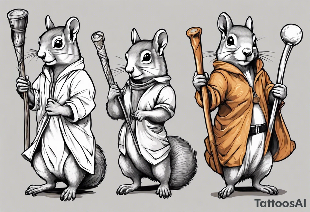 a grey squirrel dressed in a tunic holding a large white stick tattoo idea