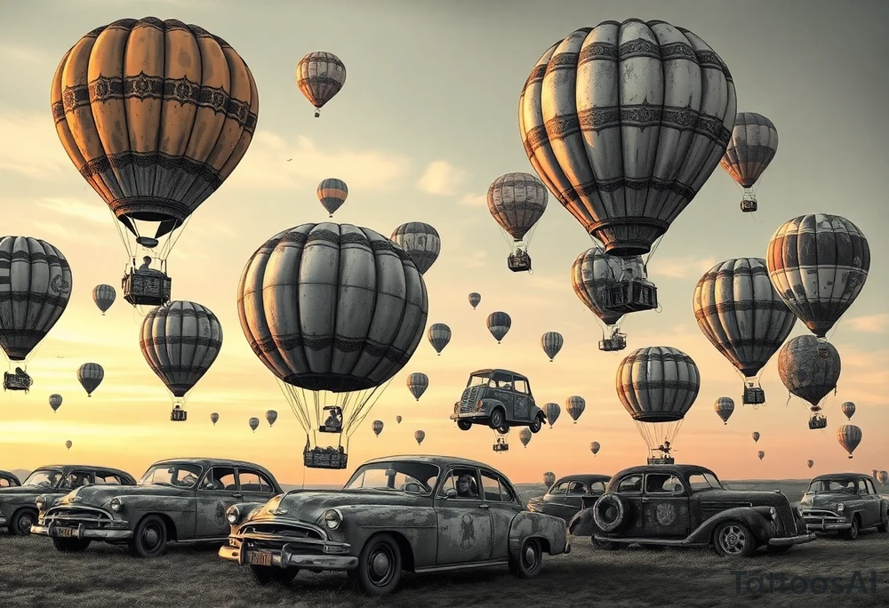 in a very steam punk vibe i want you to make a picture of a bunch of old beat up cars with people lounging in them and garbage and junk all up in and on them, tied to hot air balloons floating in the sky right about dusk and they are as far as the eye can see i want the cars to be floating as if they were the basket to the hot air balloons and the hot air balloons are all different colors and patterns and some are old and patched and i dont want to see the ground at all  i want this to be a scene that is up in the sky with them all floating under the balloons tattoo idea