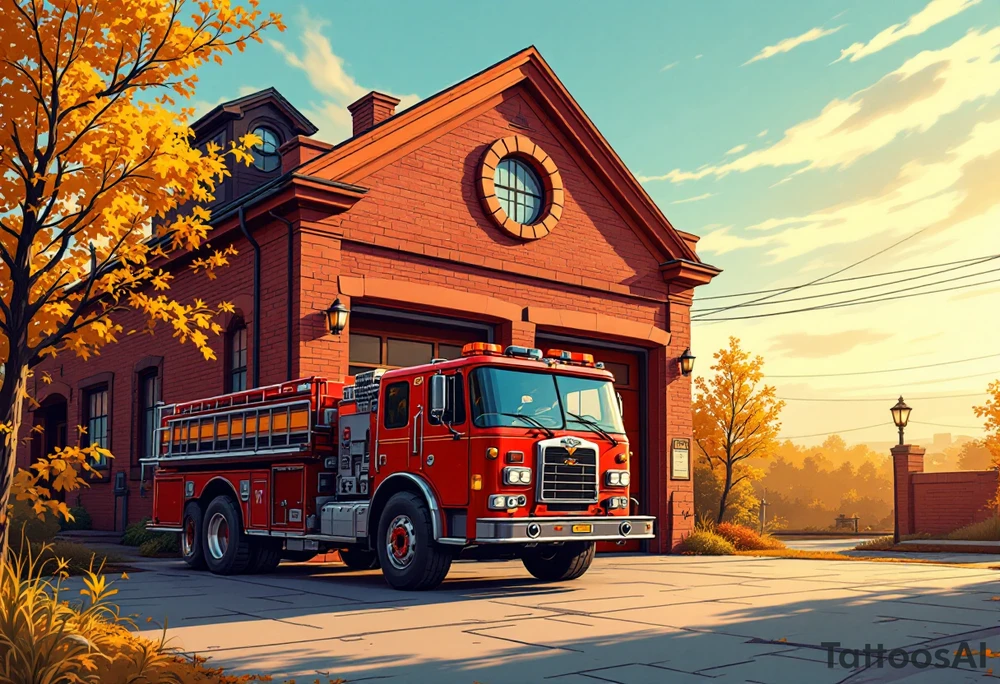 A fire station with an old-school red fire truck parked in front, with warm brick textures and golden sunlight casting long shadows. tattoo idea