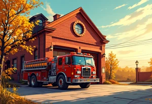 A fire station with an old-school red fire truck parked in front, with warm brick textures and golden sunlight casting long shadows. tattoo idea