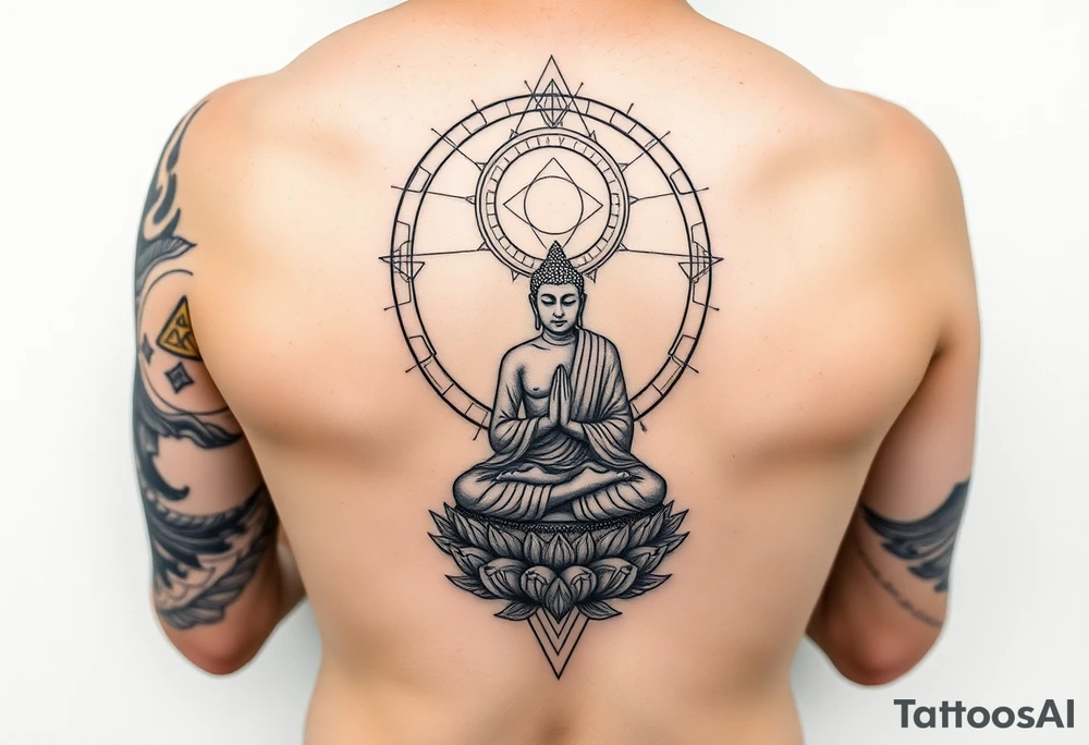 full leg sleeve with buddha above knee, using sacred geometry and space themes tattoo idea