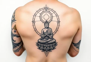 full leg sleeve with buddha above knee, using sacred geometry and space themes tattoo idea