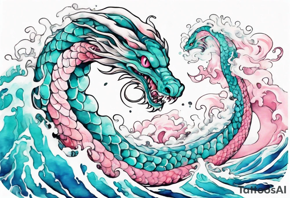 a turquoise and white and pink pretty sea serpent with beautiful eyes rising from the blue waves of the ocean tattoo idea