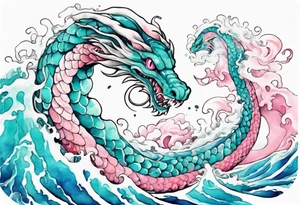 a turquoise and white and pink pretty sea serpent with beautiful eyes rising from the blue waves of the ocean tattoo idea