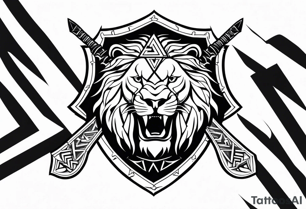 Valhalla sword shield lion 
 axe Valknut tattoo idea