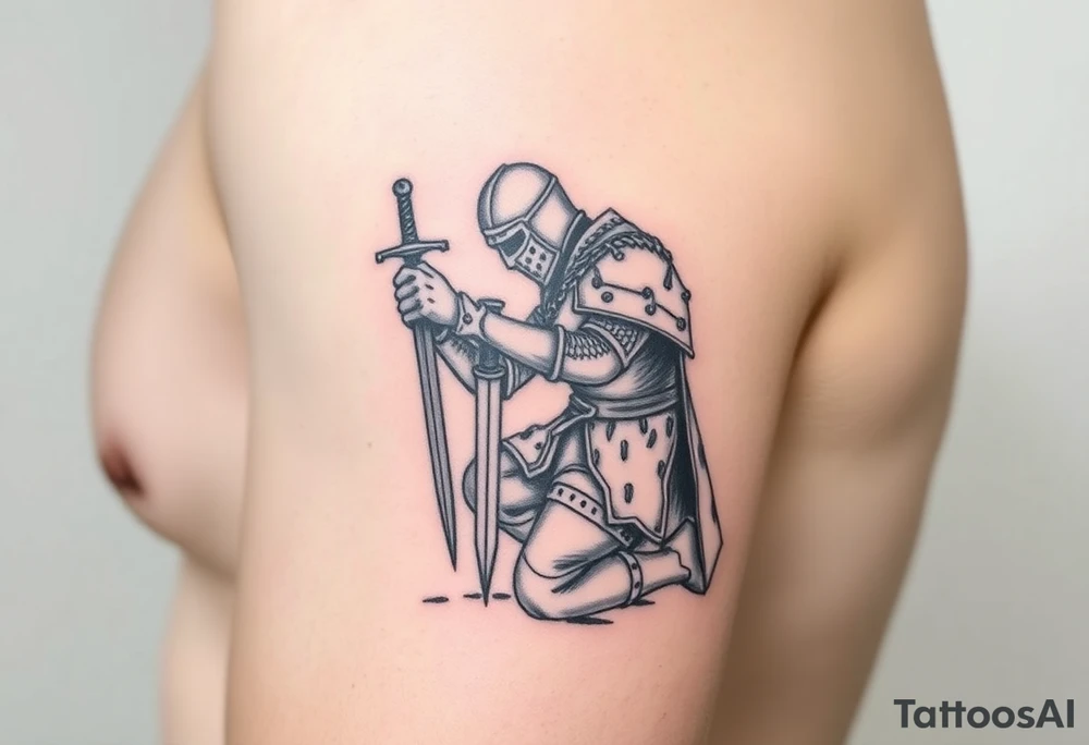 Weary knight with sword praying on one knee tattoo idea