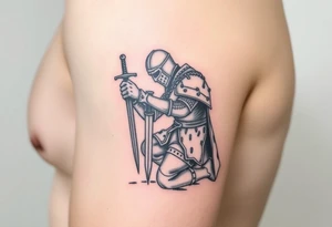 Weary knight with sword praying on one knee tattoo idea