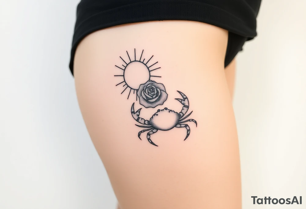 Sun, rose, and crab tattoo idea