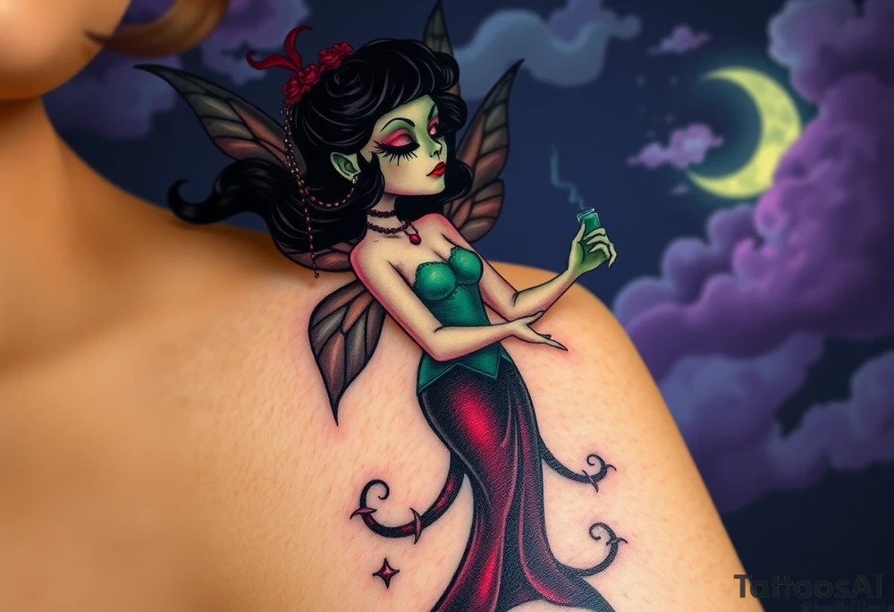 Tim Burton’s pin up style Vintage Parisian elegant and hauntingly beautiful yet eerie full body absinthe Green Fairy dances outside her victorian crystal decatur absinthe bottle Absinthe Art Nouveau   and dripping with muted reds, dusty pinks, and eerie green glow.purple and cyan smokey clouds swirl in the crescent moonlit sky thats sprinkled with stars tattoo idea