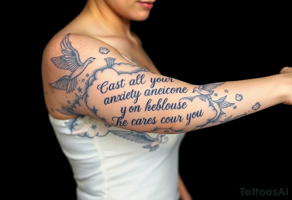 cast all your anxiety on him because he cares for you"  surrounded with clouds and angels tattoo idea
