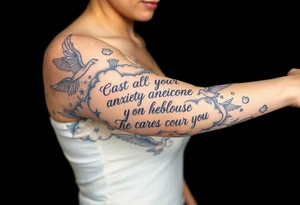 cast all your anxiety on him because he cares for you"  surrounded with clouds and angels tattoo idea