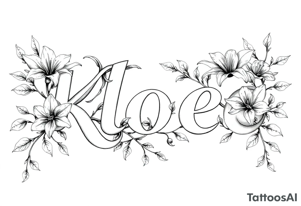 The word Kloee surrounded by big
lilies with the vines in letters tattoo idea