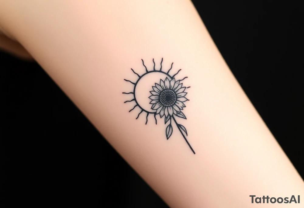 Shining Mystical sun with long  leaning sunflower sun tattoo idea
