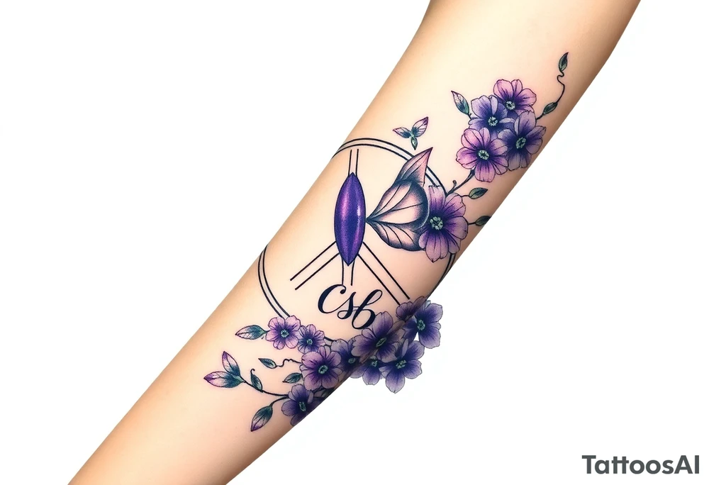 peace symbol filled with day prints and purple, Pisces symbol, intertwined with violets, amethyst, initials csb in cursive font tattoo idea