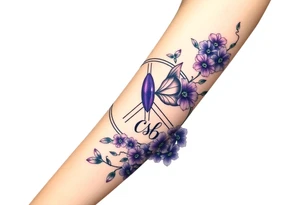 peace symbol filled with day prints and purple, Pisces symbol, intertwined with violets, amethyst, initials csb in cursive font tattoo idea