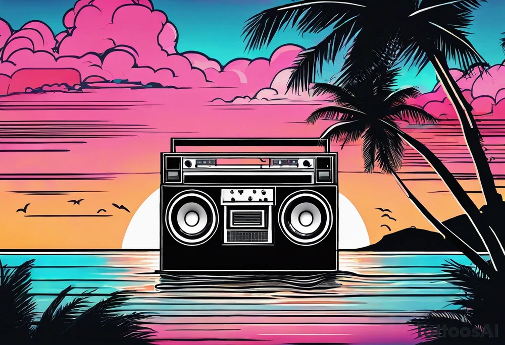 1980'S BOOM BOX MIAMI VICE STYLE, BEACH SUNSET, PALM TREES, MUSIC NOTES tattoo idea