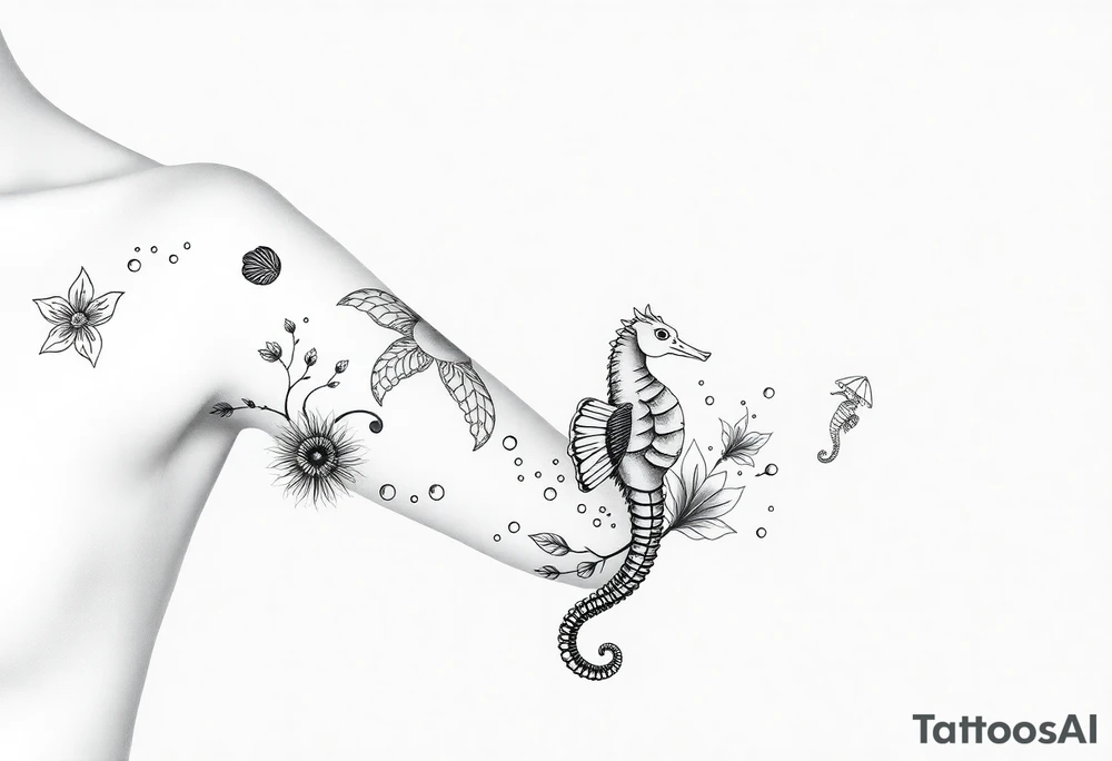 Underwater Flowers, shells, turtle, seahorse,  bubbles, jellyfish, feminine tattoo idea