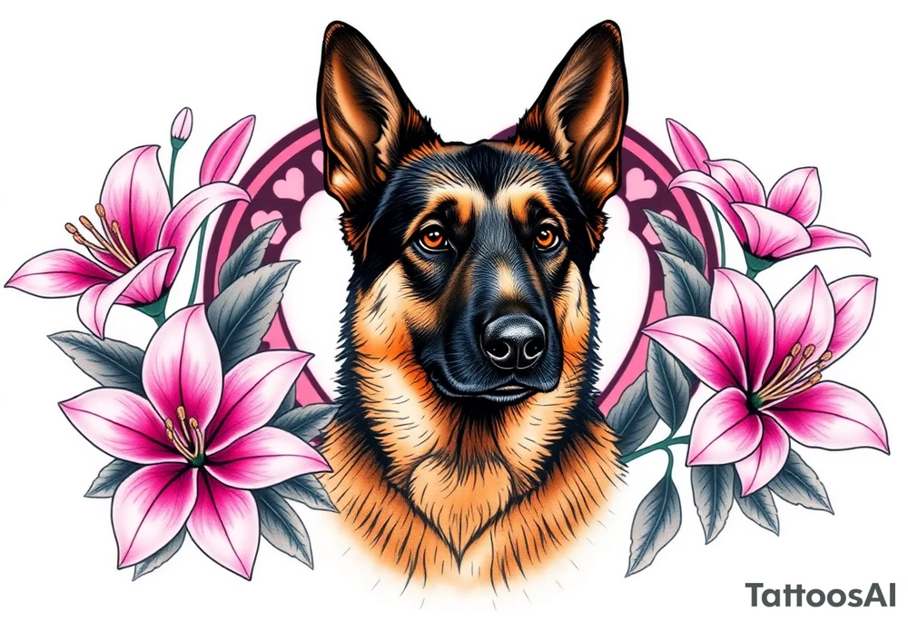strong looking short haired german shepherd with alert ears surrounded by pink lilies with large leaves in front of a sacred heart tattoo idea