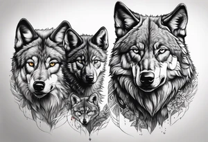 Alpha wolf stalking  with two cubs tattoo idea