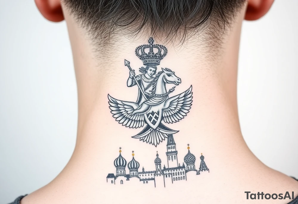 St. George slaying the dragon (hugely common in Russian Orthodox art)
Russian imperial crown above the eagle
Crossed swords or a Russian sabre
The Kremlin or St. Basil's Cathedral scene tattoo idea