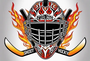 goalie mask with crossed hockey sticks and flames that says "SHOT HOCKEY" tattoo idea