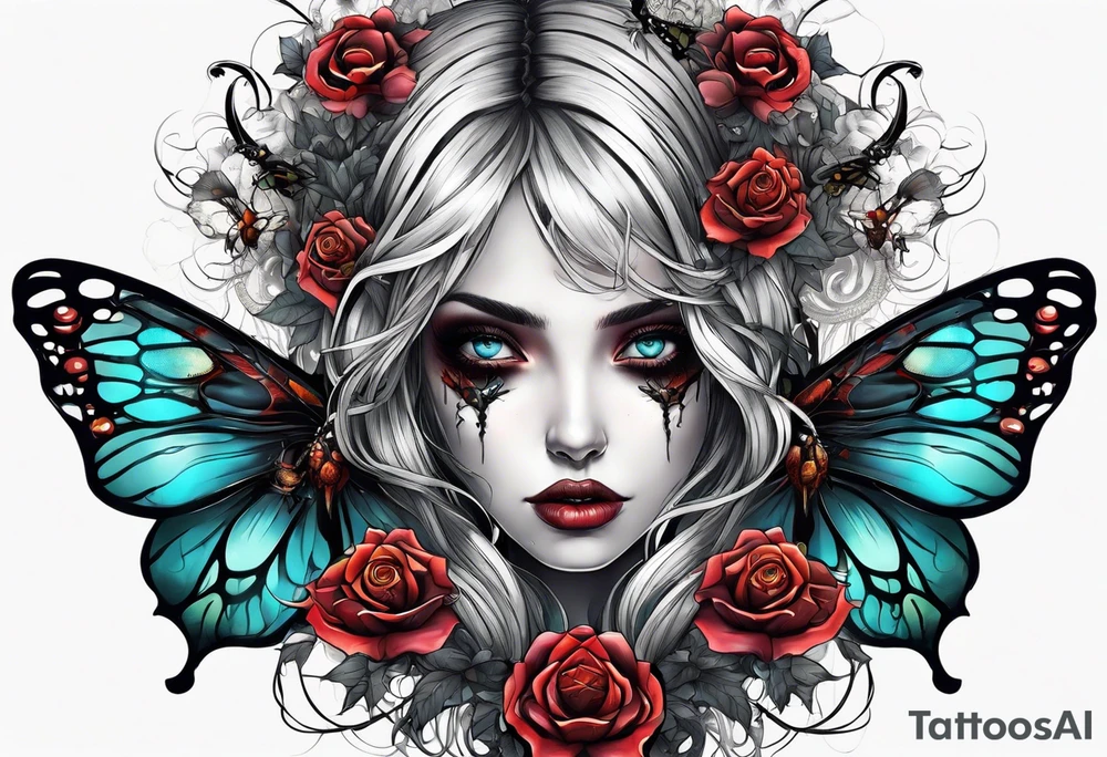 Surrealistic Gothic elements with beauty girl face with horror eyes. Realistic insects in Horror style tattoo idea