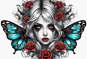 Surrealistic Gothic elements with beauty girl face with horror eyes. Realistic insects in Horror style tattoo idea