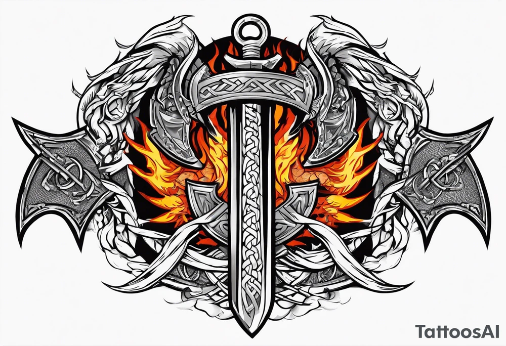 Valhalla sword shield dragon axe Valknut barbed wire chains fire tattoo idea