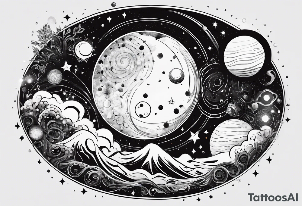 A tattoo featuring a cosmic scene with planets, black holes, and supernovae intertwined with intricate linguistic symbols, reflecting the client's interests in cosmology and linguistics. tattoo idea