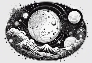 A tattoo featuring a cosmic scene with planets, black holes, and supernovae intertwined with intricate linguistic symbols, reflecting the client's interests in cosmology and linguistics. tattoo idea