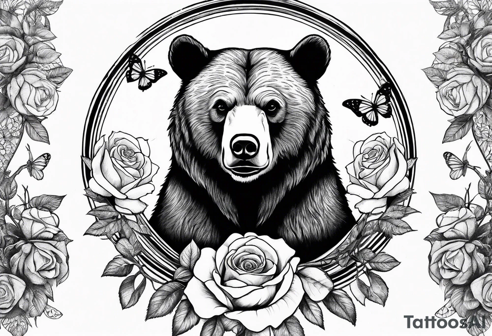 A bear sitting under the tree of life with three yellow roses, and three butterflies tattoo idea