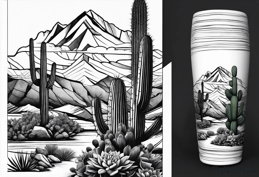 Forearm vertical, cactus, mountain, 2 hikers tattoo idea