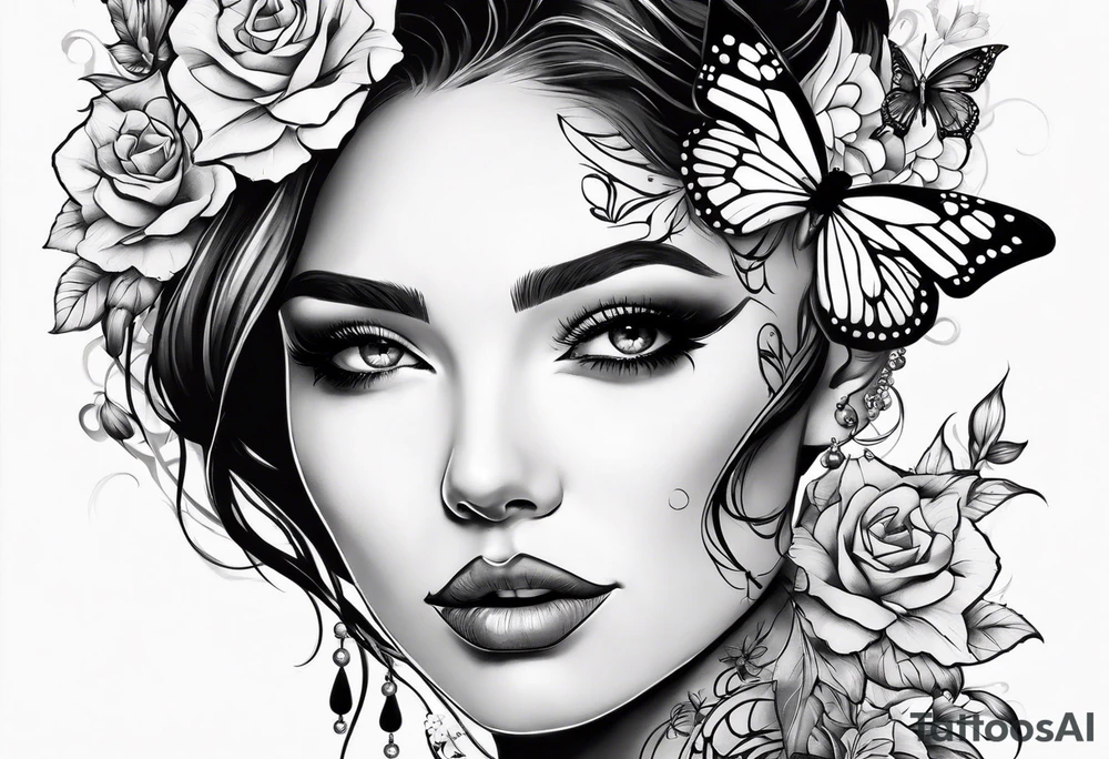 Women half face with flowers and butterfly tattoo idea