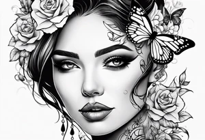 Women half face with flowers and butterfly tattoo idea