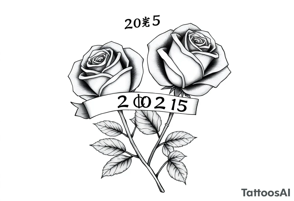two beautiful large rose buds, one larger than the other, with many leaves next to the rose buds, with one sitting higher than the other. Include a banner connecting the two roses with "2025" on it.  The word "Rose" written in Kanji above the drawing.  Use dark outlines with little shading. The two stems should be short, not long, and connect and join into one stem, whimsically curved or twisted - not straight down. tattoo idea