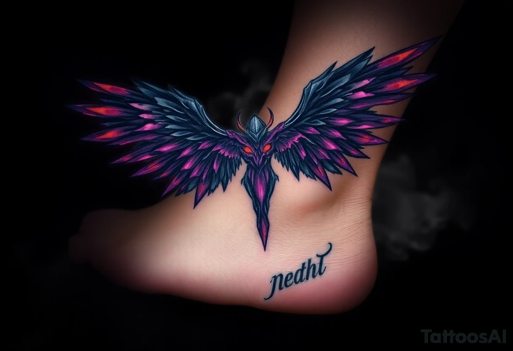 An abstract angel of death emerging from smoke, its wings composed of fragmented dark shards, glowing with neon purple and orange accents. tattoo idea