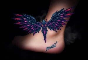 An abstract angel of death emerging from smoke, its wings composed of fragmented dark shards, glowing with neon purple and orange accents. tattoo idea