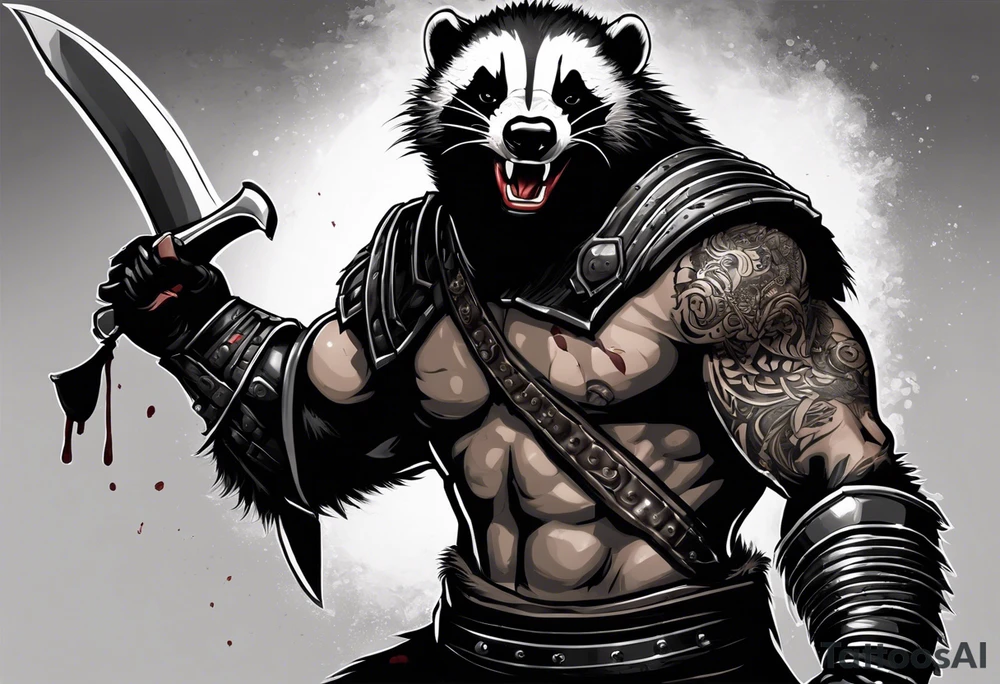 Draw me psychopath Honey Badger/Berserker with aggressive full body, killer face with a scary smile, very long nails and he attacks like a Bloody Assassin/Warrior/Gladiator to us and also, he has very deadly looking. He fights with his nails. Everybody scares after their first sight. Give me horror type Badger Tattoo. I want to see his Realistic full body. tattoo idea