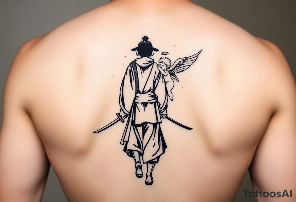 "Blackwork tattoo sketch of a lone samurai walking forward, shown in dramatic silhouette style. The samurai wears traditional kimono and hakama, holding a katana in one hand with the blade pointing downward. Behind him floats a small child angel with detailed feathered wings, gently touching the samurai’s back with one hand, as if stopping or guiding him. Strong contrast, dynamic ink splatter, rough brush strokes, Japanese sumi-e vibe, emotional and symbolic composition, high detail linework, no background." tattoo idea